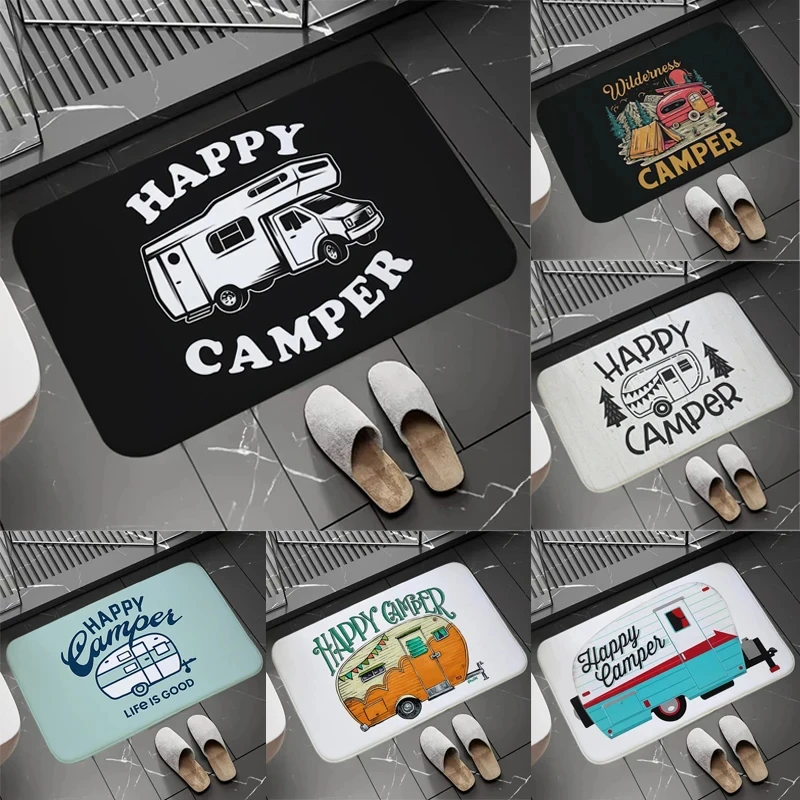Happy Campers Entrance Door Mat Cartoon Camper Van Carpet Camping Theme Area Rug Kids Bedroom Living Room Bathroom Floor Mat