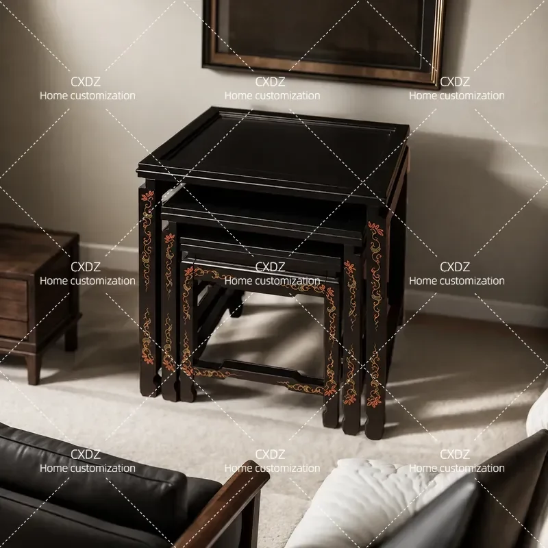 New Chinese Style Lacquerware Coffee Table Light Luxury Decorative Stool Classical Dining Side Cabinet Handicraft Furniture