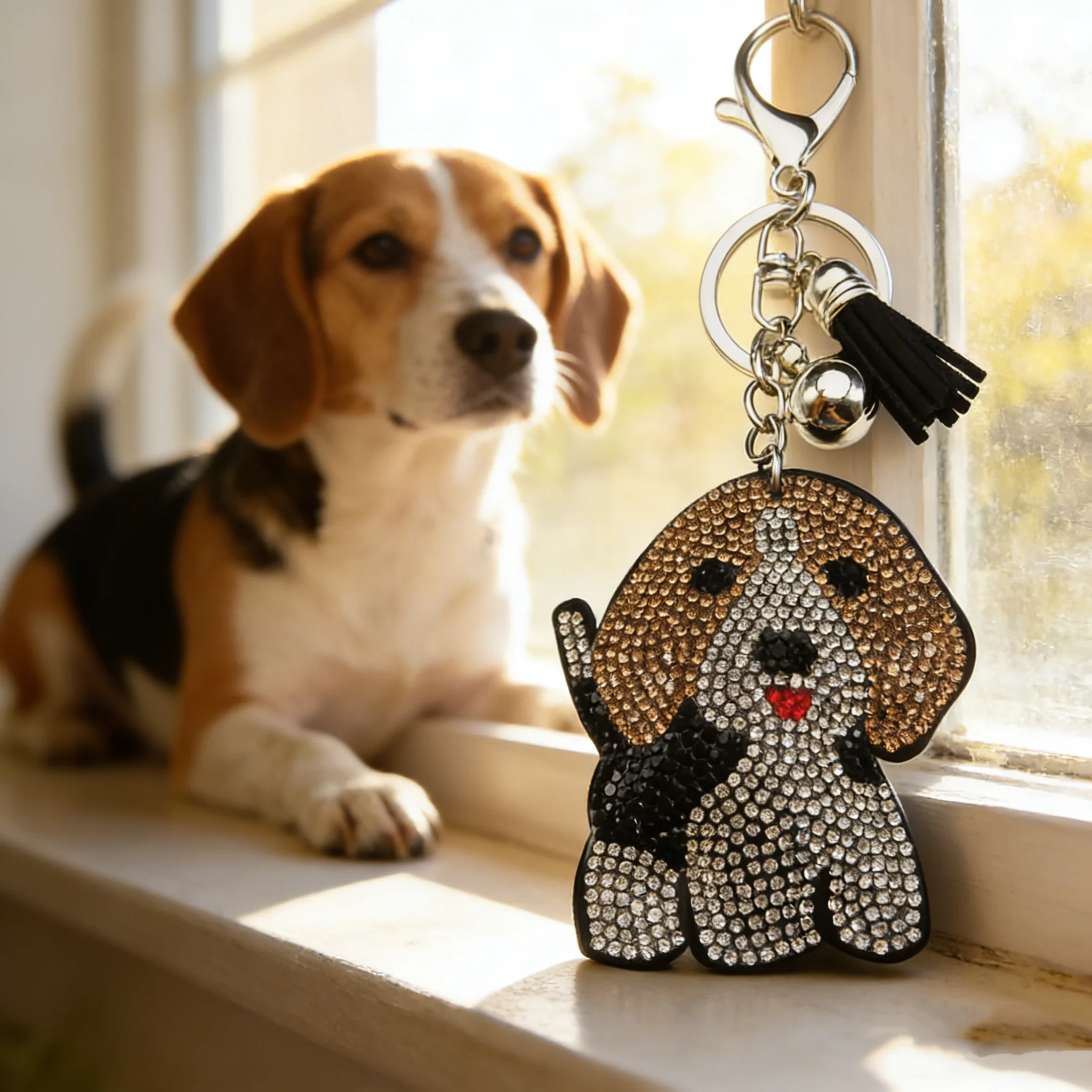 Precioso llavero Beagle Doggie para mujeres y hombres, borla ostentosa de cristal, bolsa de animales, colgante, cachorro, lindo llavero, joyería
