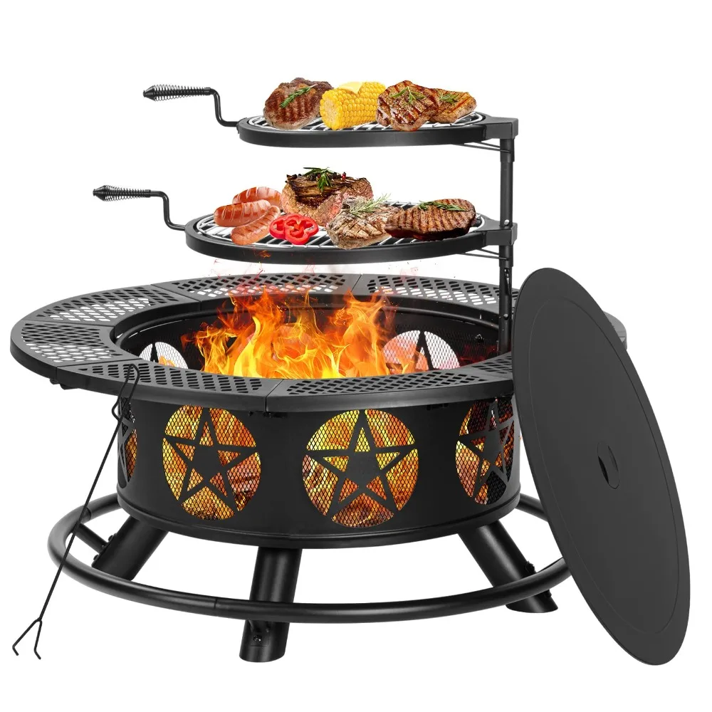 42 Inch Outdoor Fire Pits with 2 Grills, Lid & Poker
