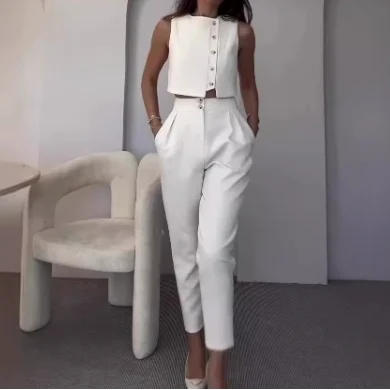 

Two Piece Set Women Outfit 2024 Spring Solid Color Versatile Round Neck Vest & Commuting High Waist Work Straight Leg Pants Set