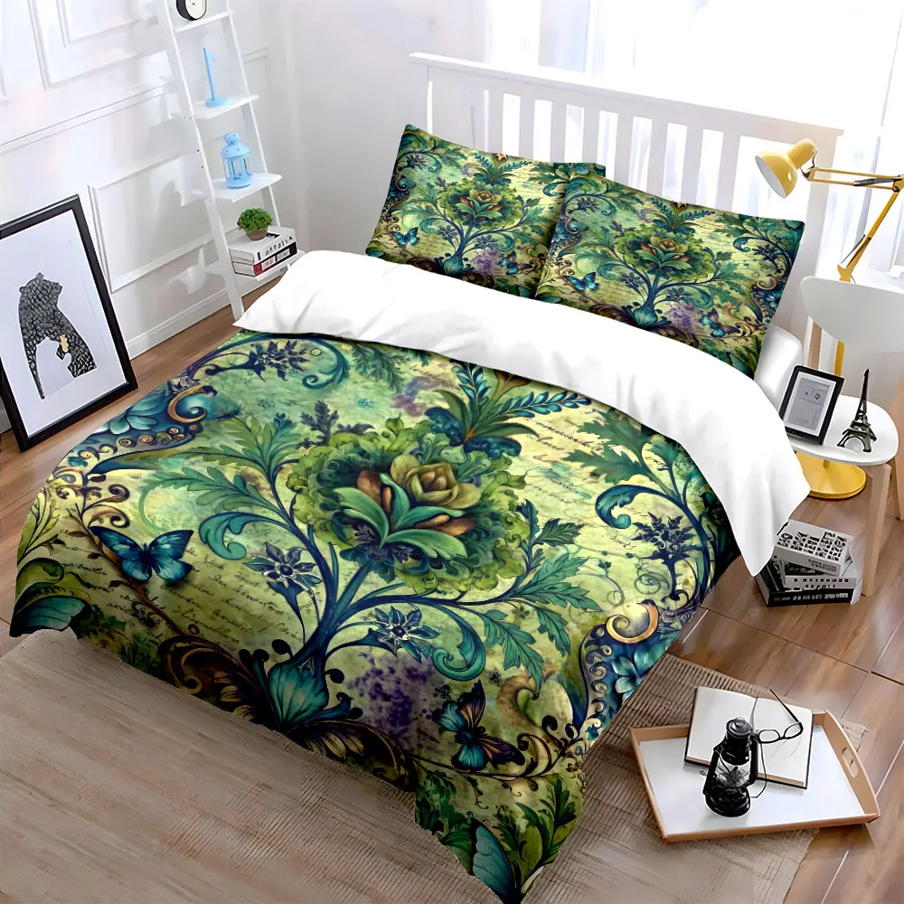 Elegant vintage floral and butterfly Printed Duvet Cover Set 1 Duvet Cover+2 Pillowcase Multi Size Bedroom Bedding Decor 2