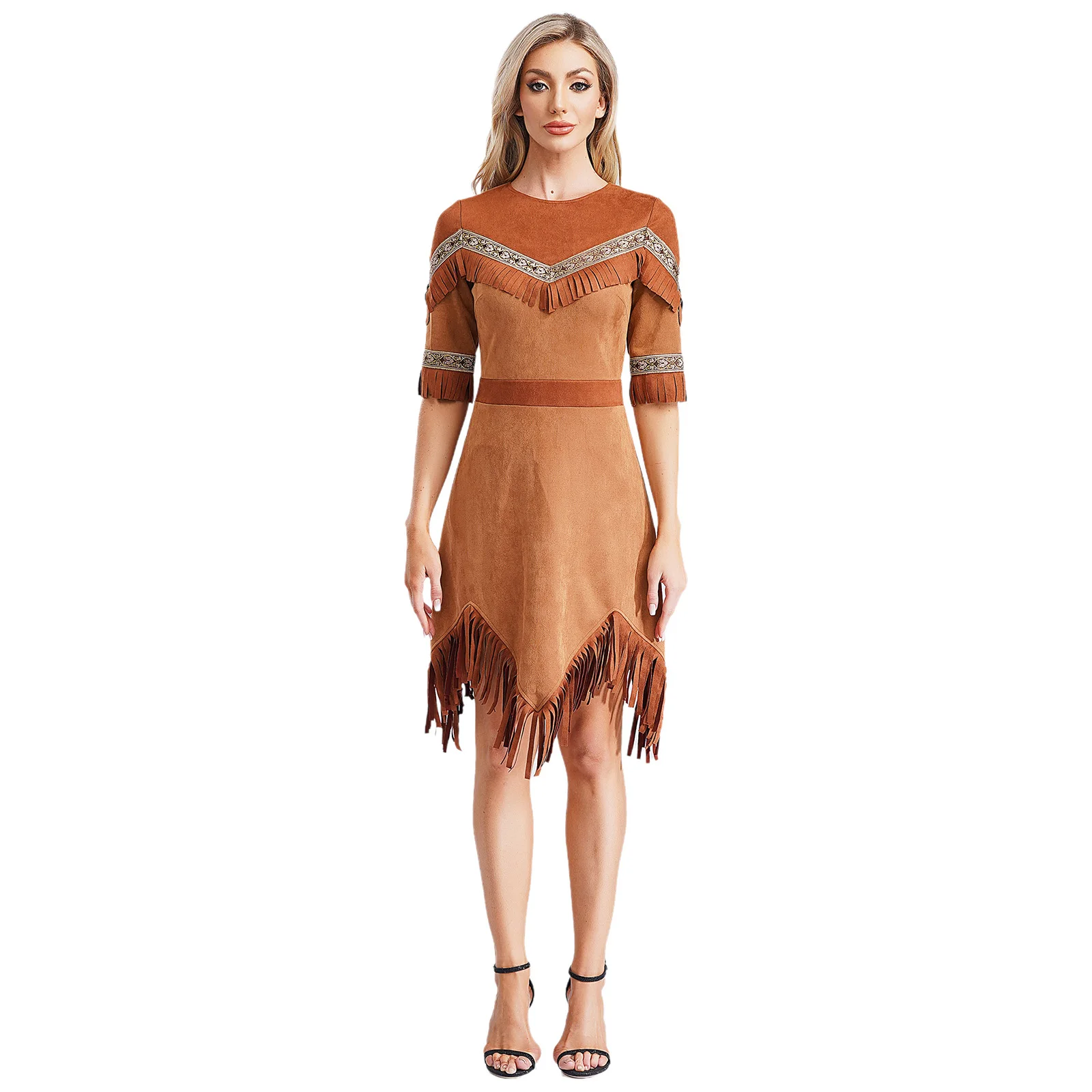 

Women Ancient Greek Warrior Cosplay Performance Costume Half Sleeve Tassels Woven Tape Trimming Dress for Cowgirl Folk Outfits