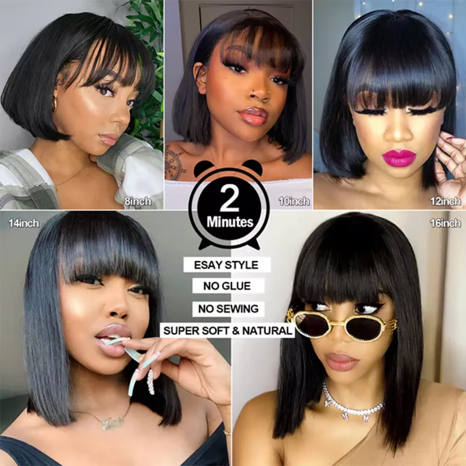 Straight Bob Wig With Bangs For Women Peruvian Full Machine Made Wig for Women Natural Color 100% Human Hair Wigs Short Bob Wig