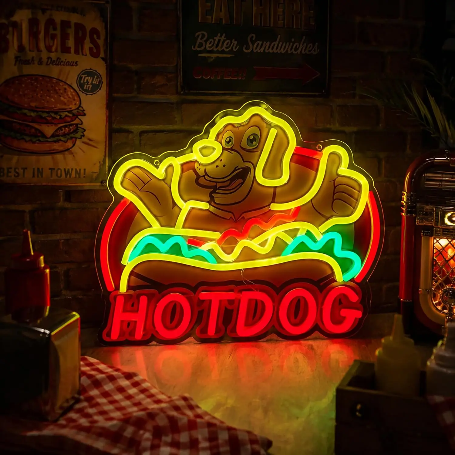 LED Neon Sign USB Hot Dog Cartoon Puppy Neon Light for Fast Food Restaurant Shop Party Decor Christmas Gift Atmosphere Neon Lamp
