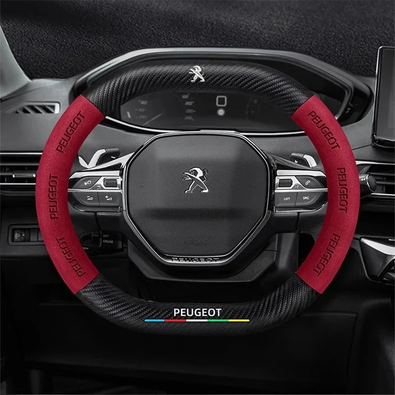 Car Interior Leather Carbon Fiber Steering Wheel Cover Non-slip For Peugeot 408 4008 308 3008 Rifter 5008 508 2008 208 301 RCZ