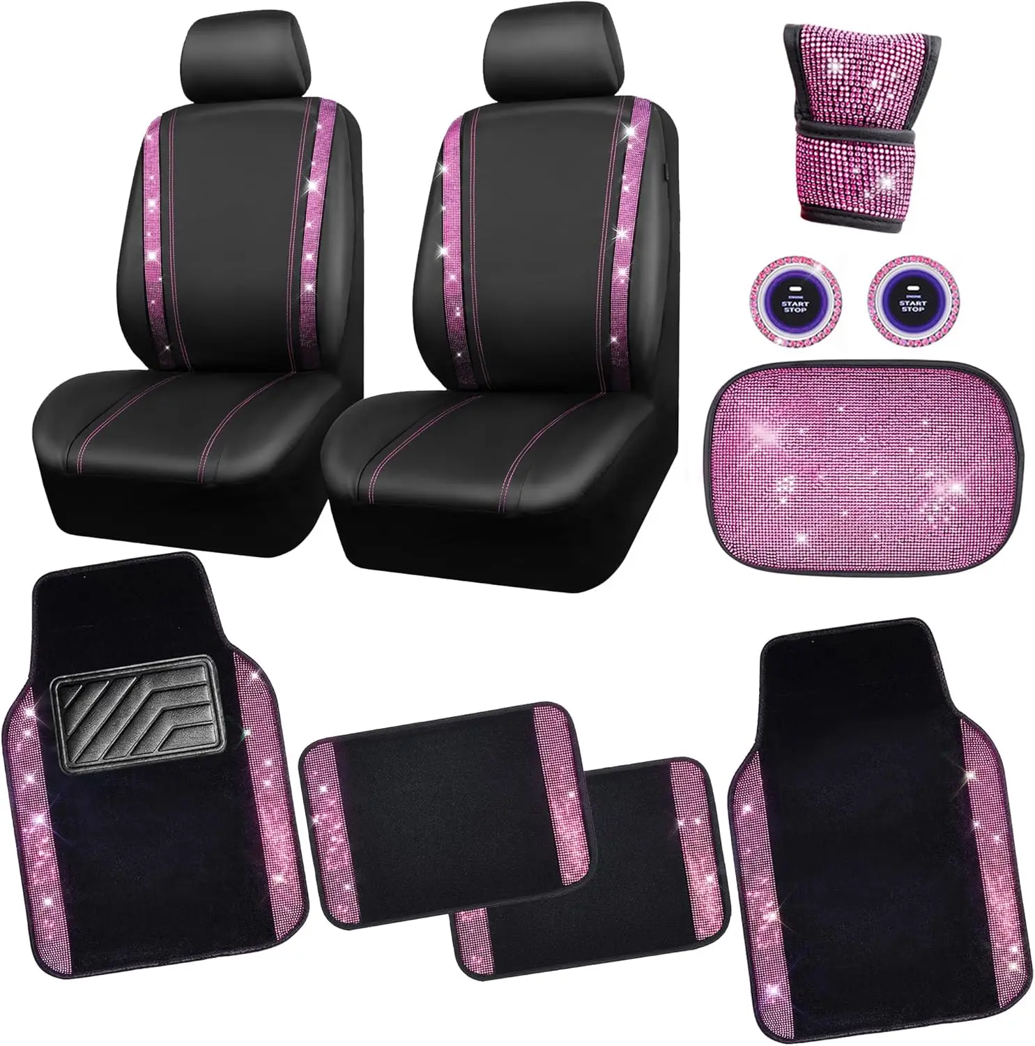 

CAR PASS Bling Rhinestone Car Seat Covers Leather Shining Diamond Car Floor Mats Carpet with Anti-Slip Nibs Bling Diamonds