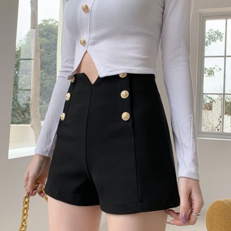 Shorts Women Solid Button High Waist Elastic Slim Fit Elegant Ladies Summer Fashion Streetwear Chic All-match Wide Leg Hotties