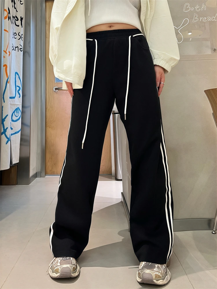 

Black White Stripes Casual Sweatpants plus Size Women's Spring Summer Style Versatile Sporty High Waist Polyester Fiber