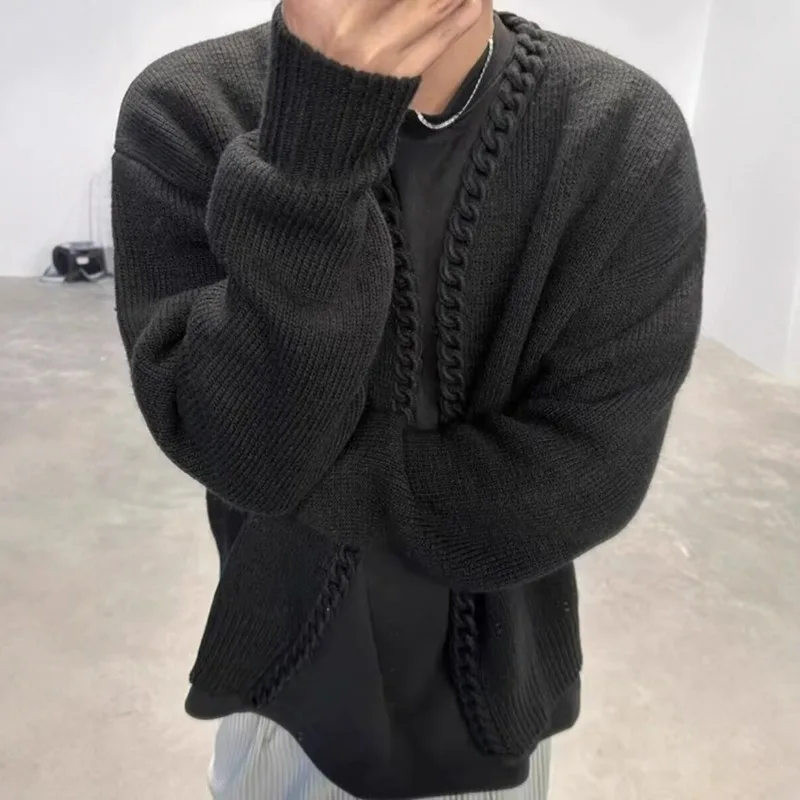 KIDWHXR Herbst Herren Strickpullover Streetwear V-Ausschnitt Herren-Cardigan Retro Einfach Einfarbig Schlank Langarm Vielseitiger Herrenmantel – Detail 2