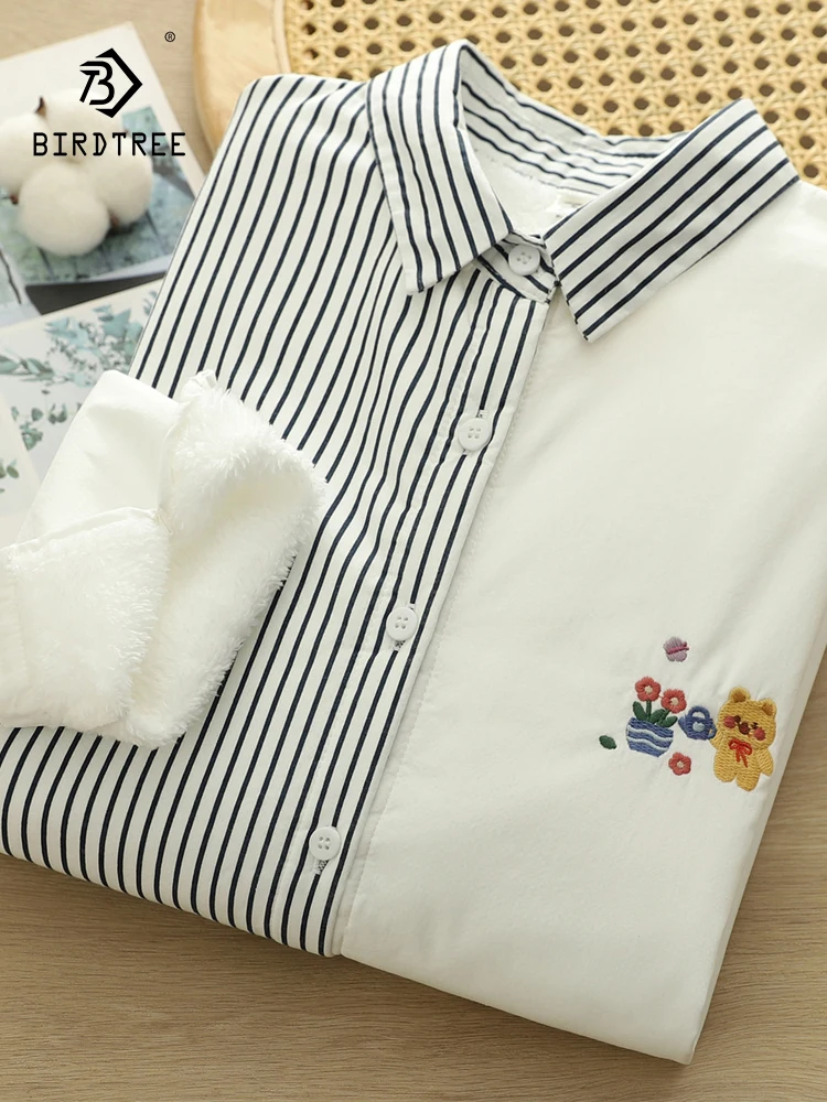 신상품 2025 가을 코튼 긴팔 플리스 셔츠, 여성용 라펠 스트라이프 자수, 모리 걸 따뜻한 캐주얼 루즈 블라우스 T5O932CC
