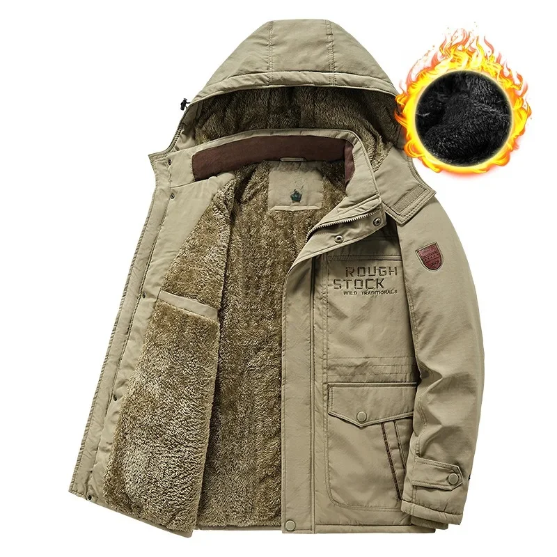 

Thickened Fleece Men's Hooded Jackets Winter Warm Outdoor Windproof Zipper Coats Padded Casual Cargo Jackets Trench Parkas