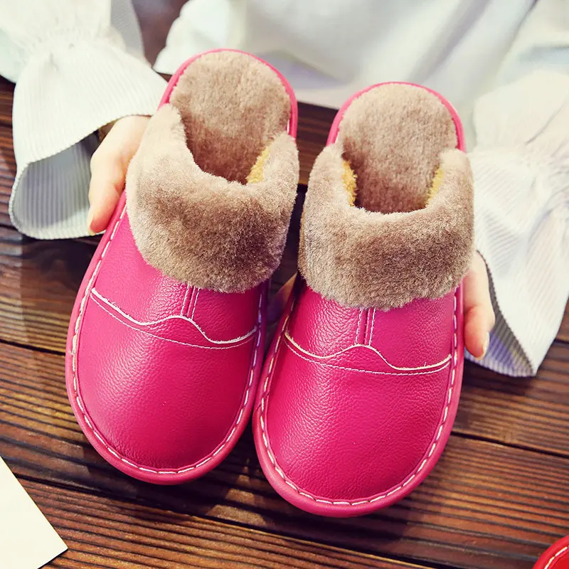 

Leather Cotton Slippers Women's Winter Home Couple Indoor Non-slip Warm Plush Household Leather Slipper Men's Winter Hot Sale