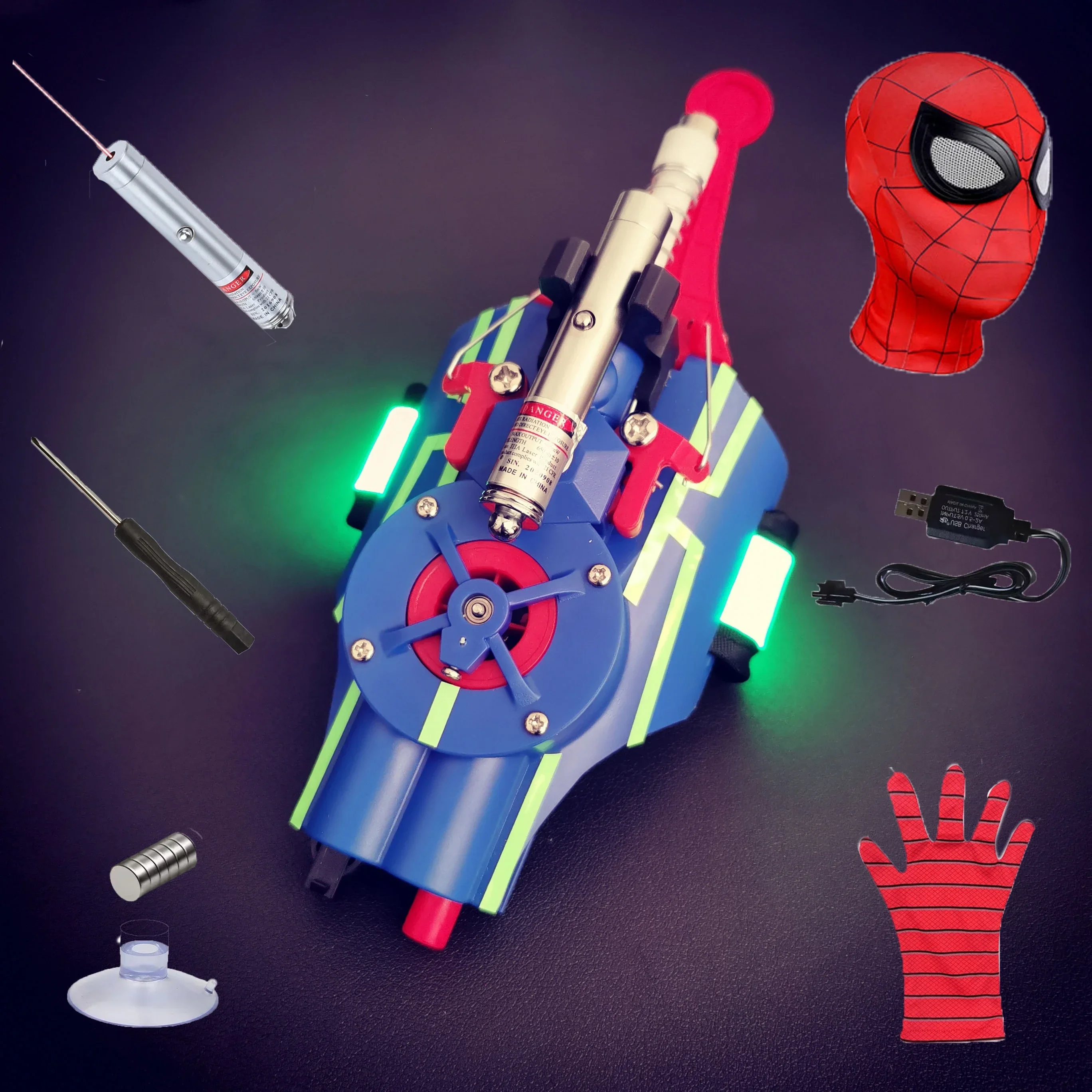 2023 Fully Automatic Laser Spiderman Web Shooters Spider Silk Rope Device Cool Glowing Cosplay Props Toy Christmas Kids Boy Gift