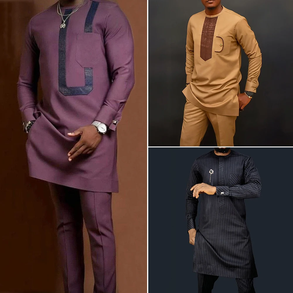 New In Men's Sets African Men Clothing 2 Pieces Outfit Long Sleeve Traditional Ethnic Top & Pants Kaftan Luxury Wedding Dress