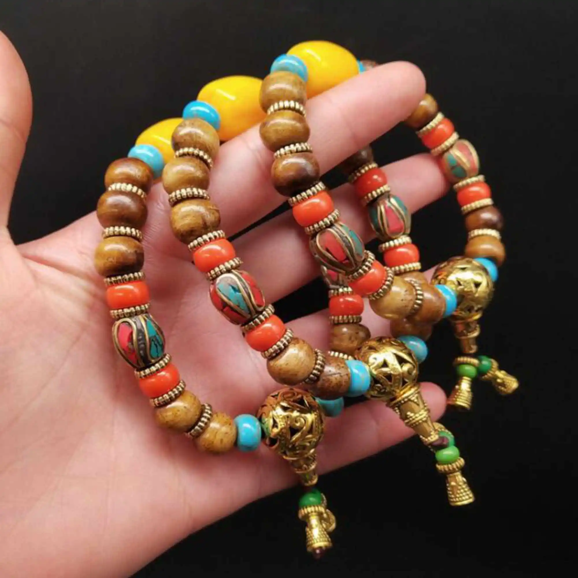 

Fashion brown tibet yak bone Beeswax dzi Buddha beads bracelet Women National Style Christmas Taseel Pray Restore Bless Mala