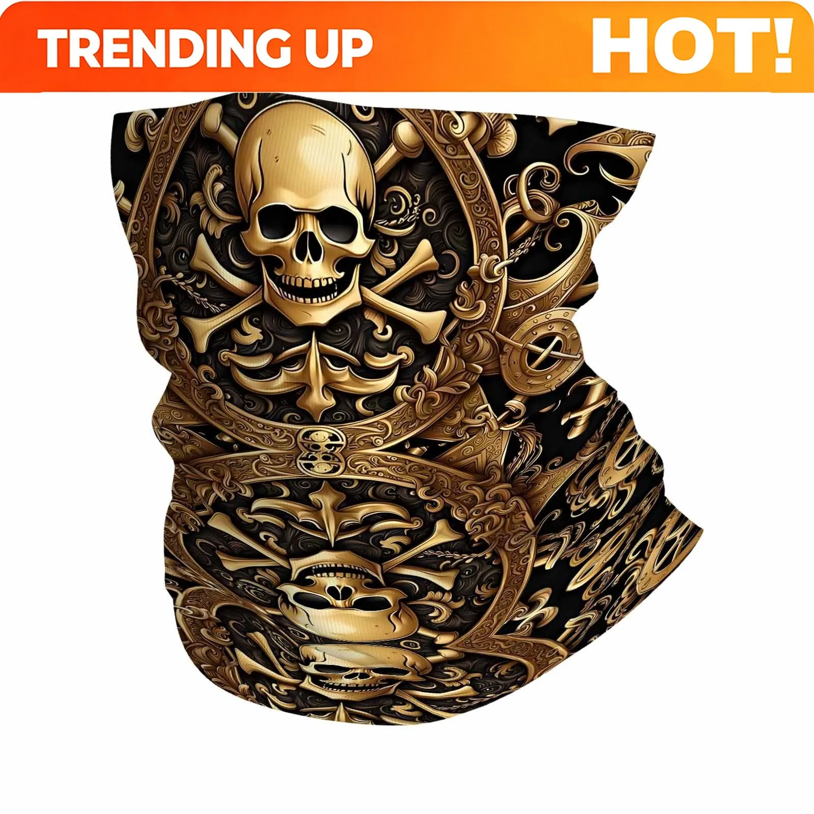 Customization Men' & Women' Black And Golden Gothic Skull Print Scarf-Face Mask - Full-Body Maskable Design, Machine Washable