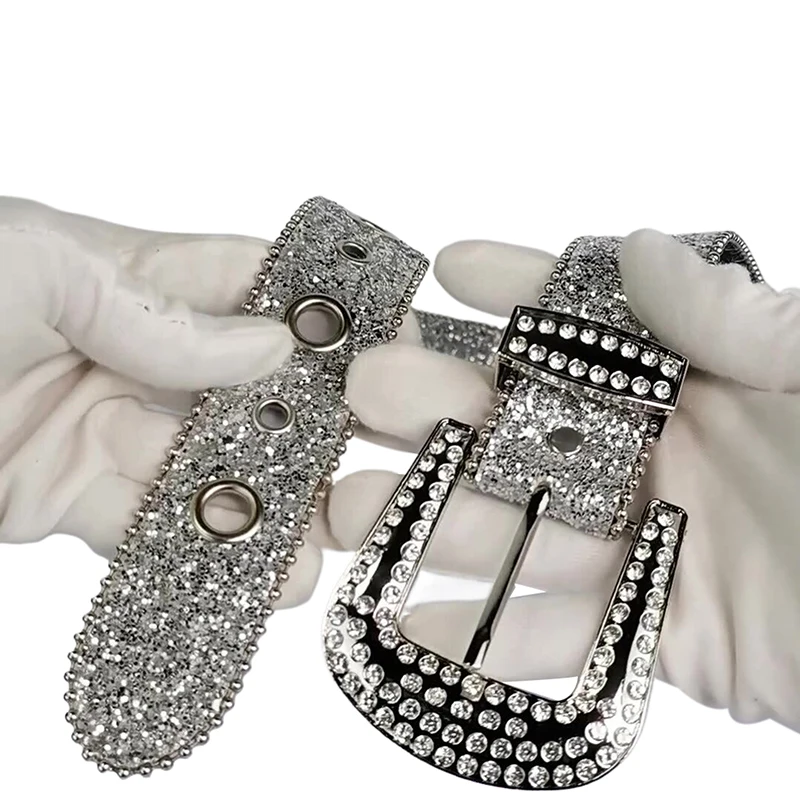 حزام نسائي أنيق مطبوع مرصع بحجر الراين بالكامل من جلد البولي يوريثان حزام خصر لامع قابل للتعديل لحفلات النادي