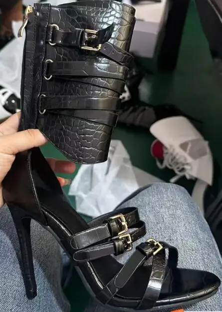 Sexy Black Leather Open Toe Cross Belt Buckle Strappy Sandals Hollow Ankle Wrap Stiletto Heels Fashion Party Stage Long Sandals