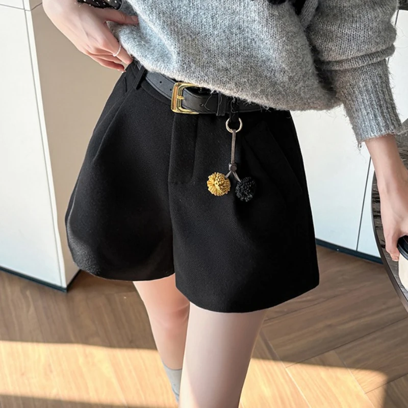 Seoulish High Waist Autumn Winter Woolen Women's A-line Shorts with Belted Korean Solid Casual Wide Leg Short Pants Female