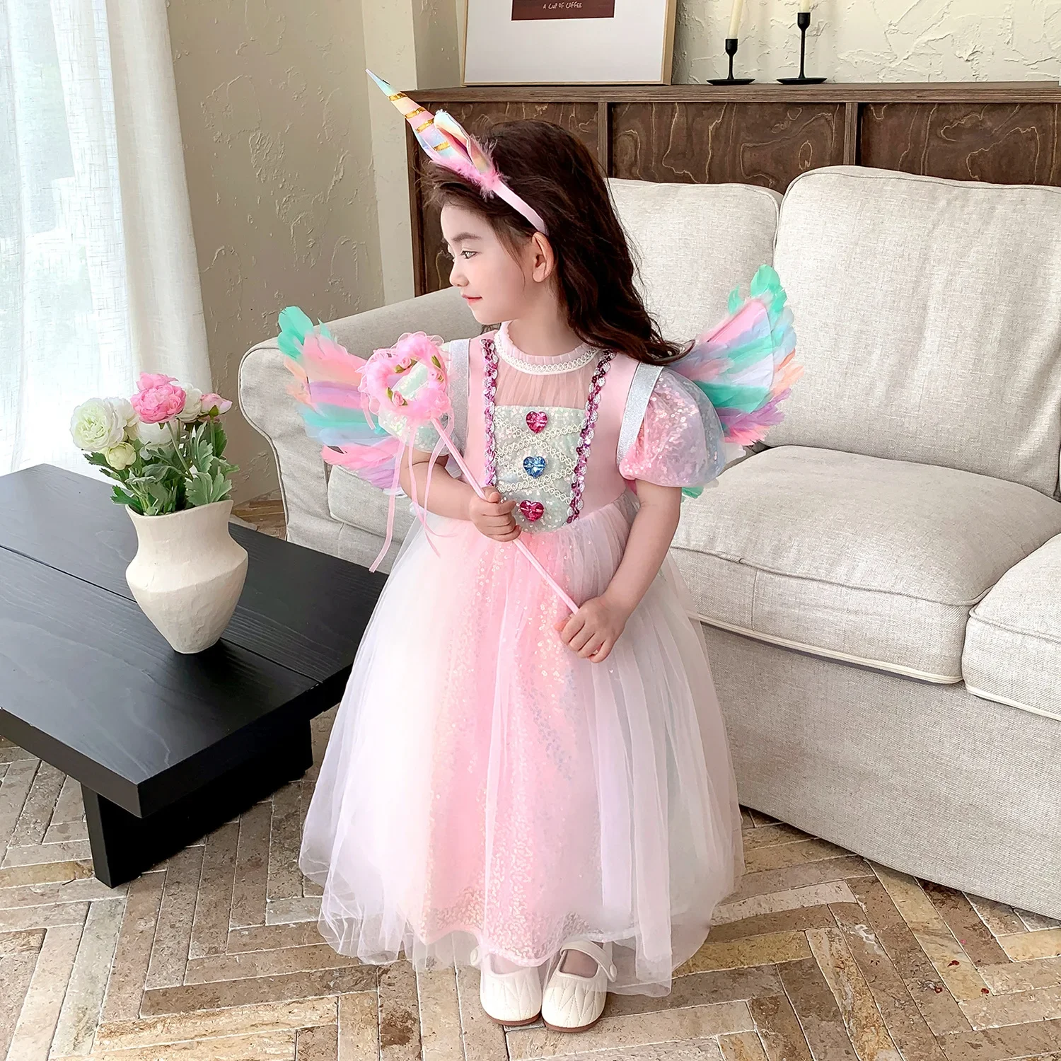 Girls' New Pearl Gradient Sequin Colored Gemstone Mesh with Bubble Sleeves Princess Dress Halloween Mermaid Cosplay Dress
