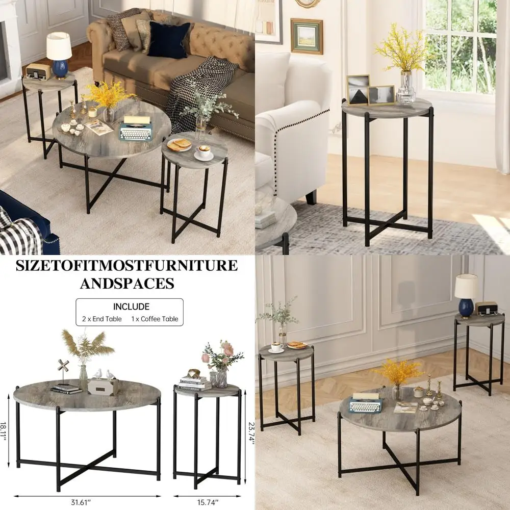 Modern Faux Marble Coffee Table Set with Golden Frame, Including 1 Large and 2 Small Tables for Living Room Decor