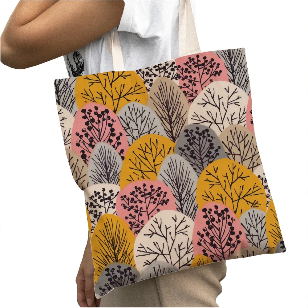 Casual Geometric Art Big Capacity Shopper Bag Plant Tree Flower Canvas Lady  Women Shopping BagsTravel Tote Handbag