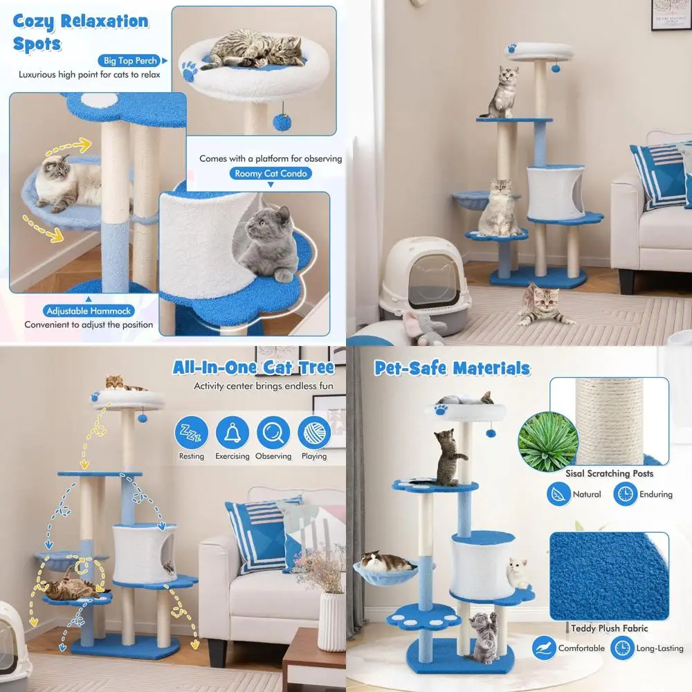 

Multi-Level Cat Tower with Sisal Posts, Jingling Ball, Hammock, and Perch - Blue for Indoor Cats