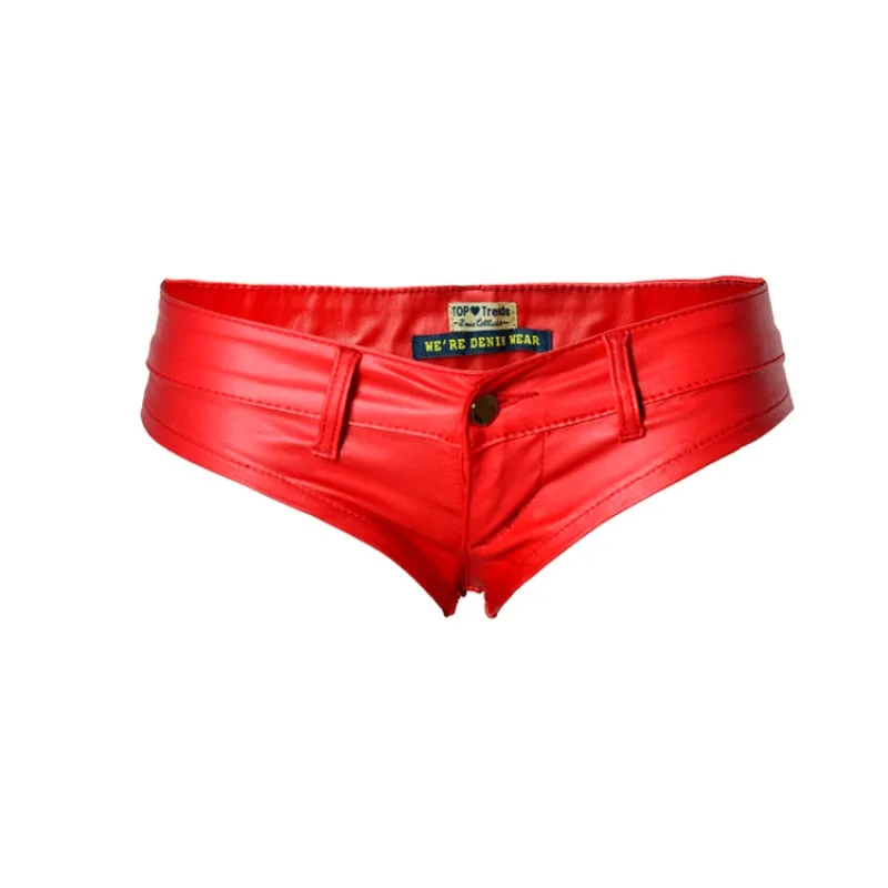 Nightclub Red Sexy Low Waist Elastic Denim PU Imitation Leather Button Zipper Shorts Women Hot Pants