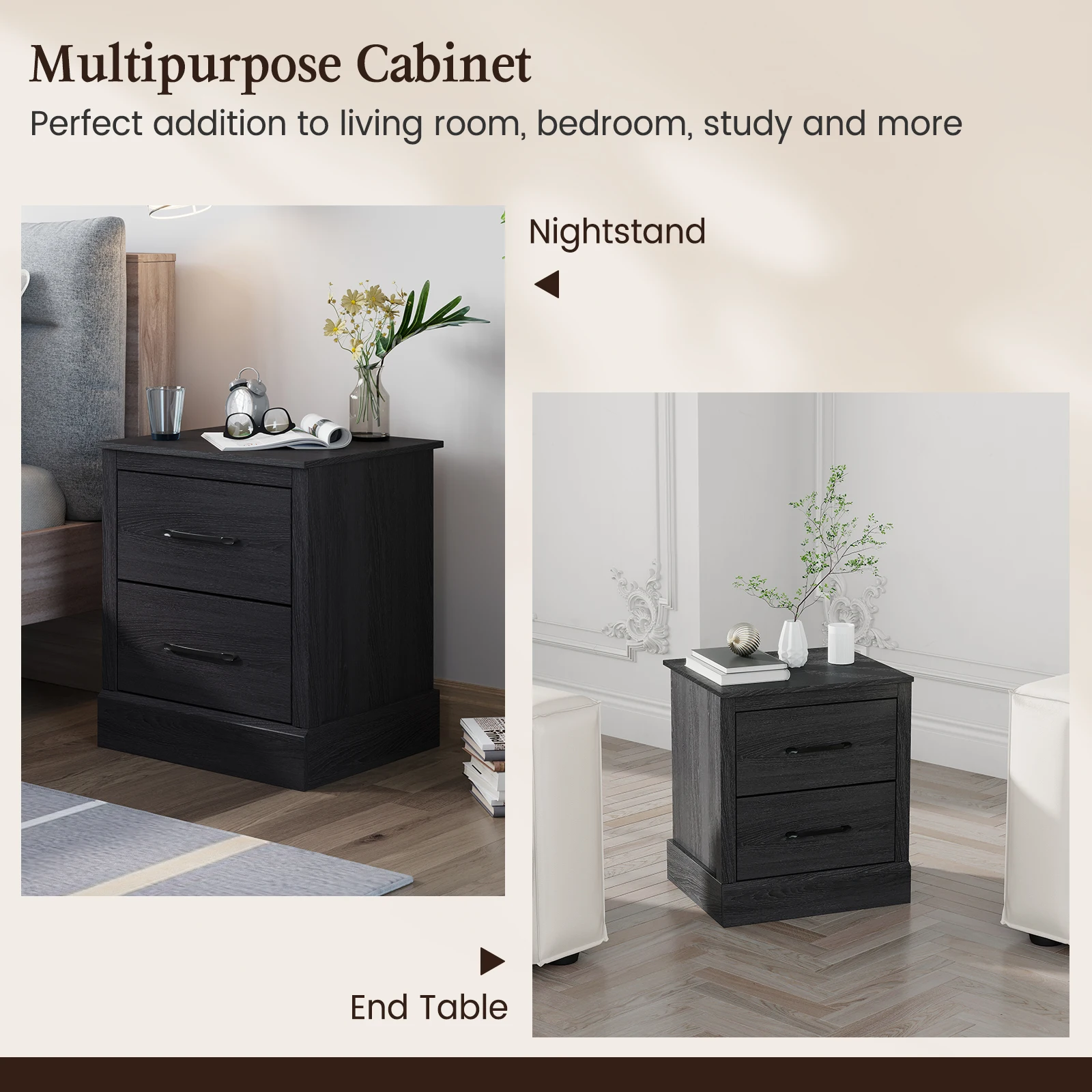 2 PCS 2 Drawer Nightstand Bedside Table Compact Sofa End Table Dark Grey Oak