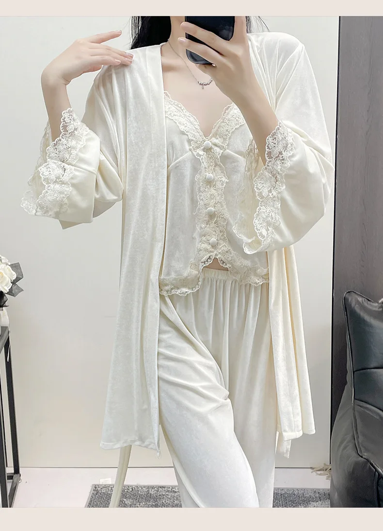 Autumn Winter Velvet Female 3PCS Pajamas Set Sexy Lace Trim Bathrobe Trouser Suits Loose Casual Velour Home Clothes Lounge Wear