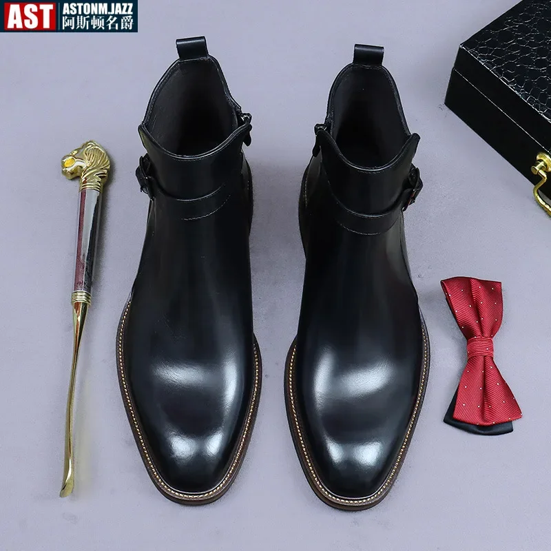 Botas de couro de vaca genuínas masculinas, sapatos de trabalho, bota artesanal para vestido formal, casamento, festa de negócios, novíssimo, 2024