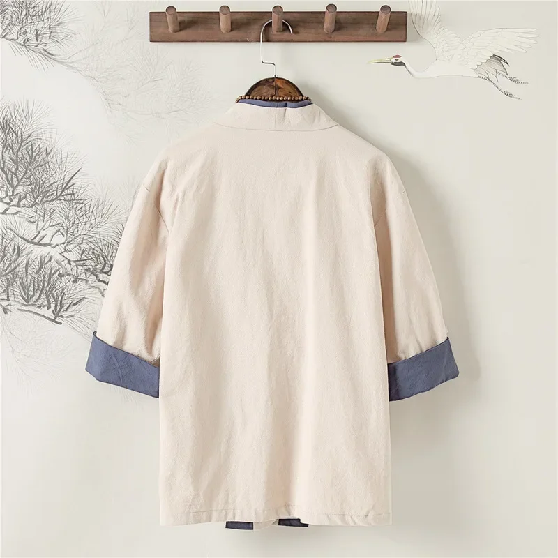 Chinese Style Zen Tea Tee Shirt Retro Cotton Linen Top Kung Fu Blouse T-shirt Japanese Samurai Kimono Haori Cardigan Casual Coat