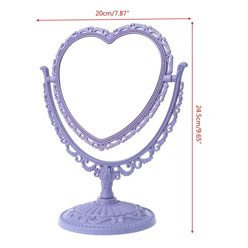 2Sides Heart-shaped Makeup Mirror Rotatable Stand Table Compact Mirror Dresser