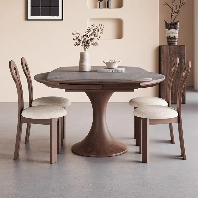 American medieval solid wood folding dining table, rock slab 2026 new telescopic variable round table round household
