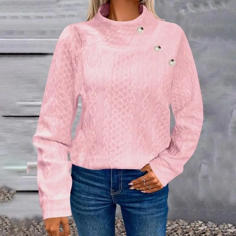 39BC damessweatshirts met gewatteerde opstaande hals, knoopdetail, mouwen, getextureerde, casual losse mode-herfsttrui