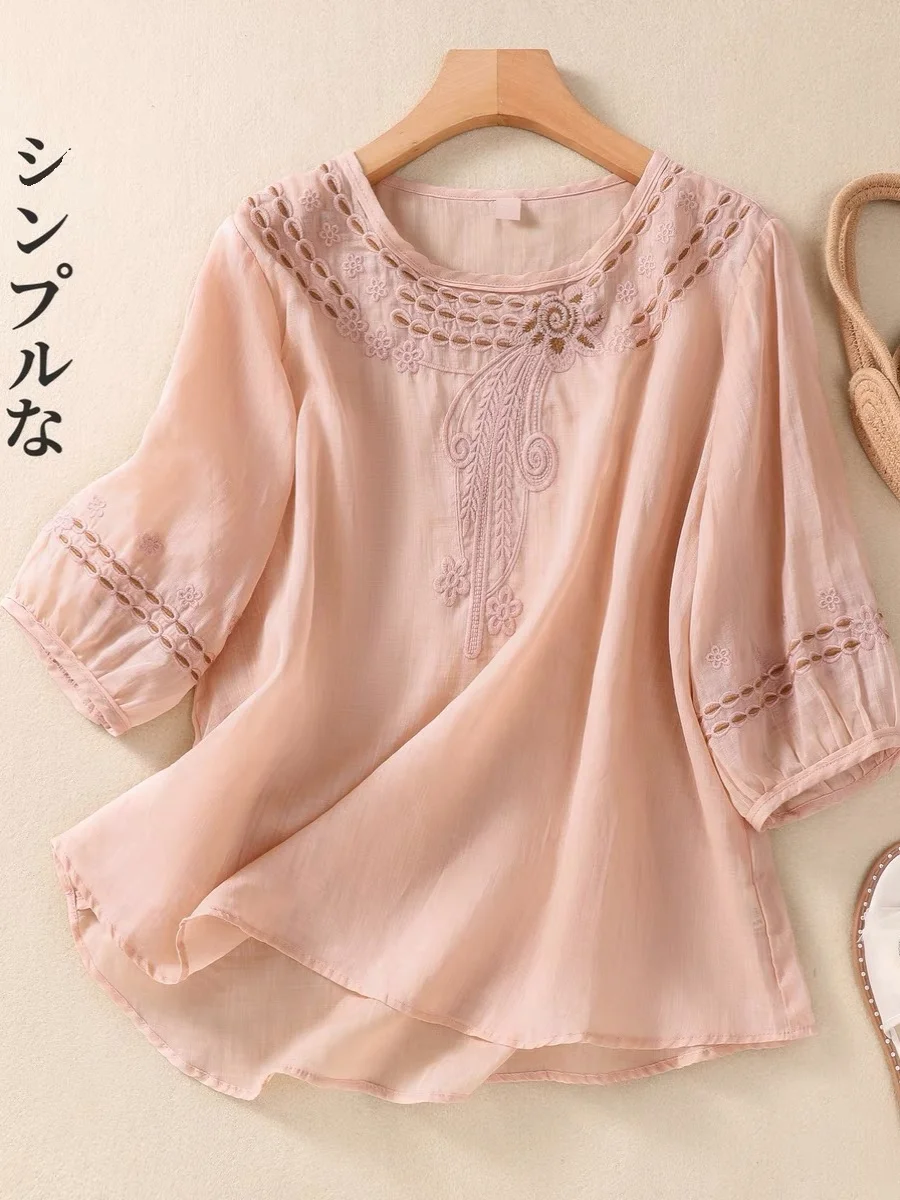 

Ele Embroidered Cotton Linen irt Chinese Sle Loose Fit round Ne ort Sve Top for Women High End Mom's Summer Wear