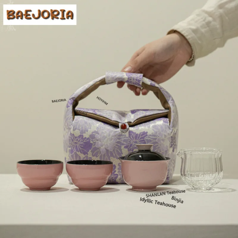 

Peach Pink Ingot Gaiwan Travel Tea Set Kit Zen 1 Bowl 2 Cups Household Tea Maker Organizer Portable Camping Tote Bag Accessories