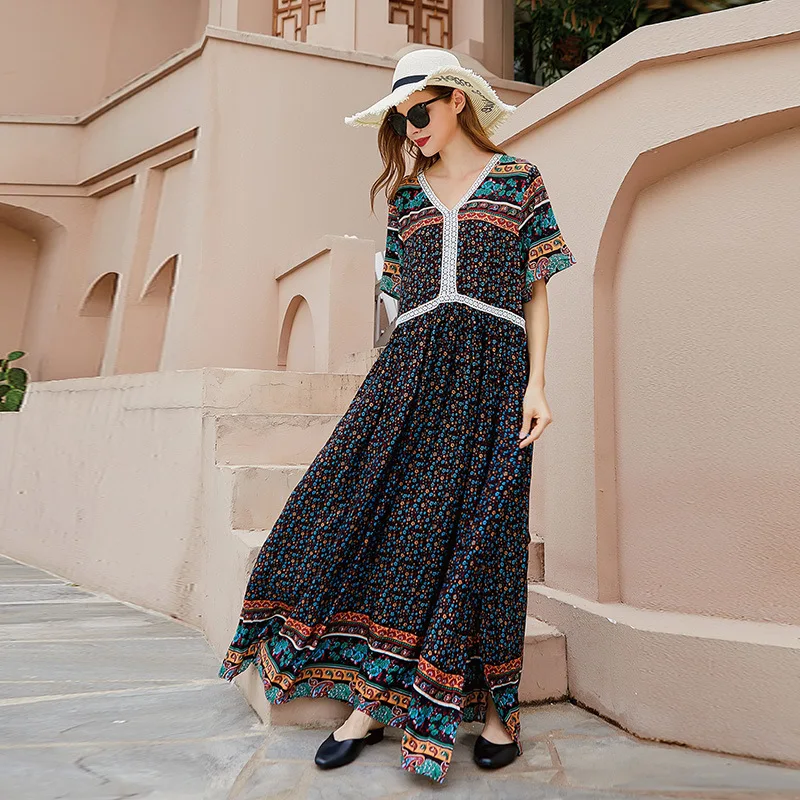 

Bohemian retro plus size dress Hainan Sanya vacation fat beach dress high-end temperament elegant classic women's clothing danc