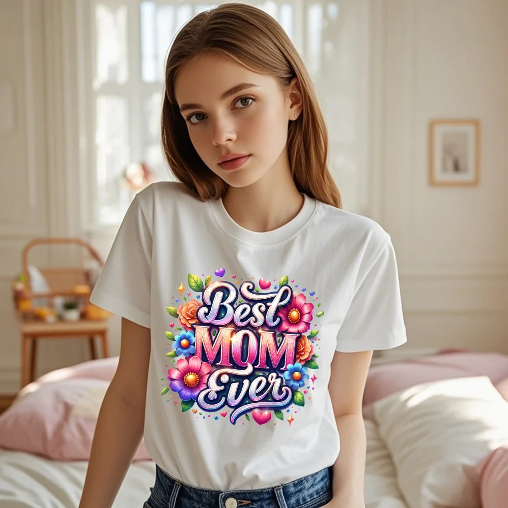 Best Mom Ever Floral Design Women T-Shirt Summer Fashion Tops Gift for Mother Mother's Day Short Sleeve Casual Cotton Clothes