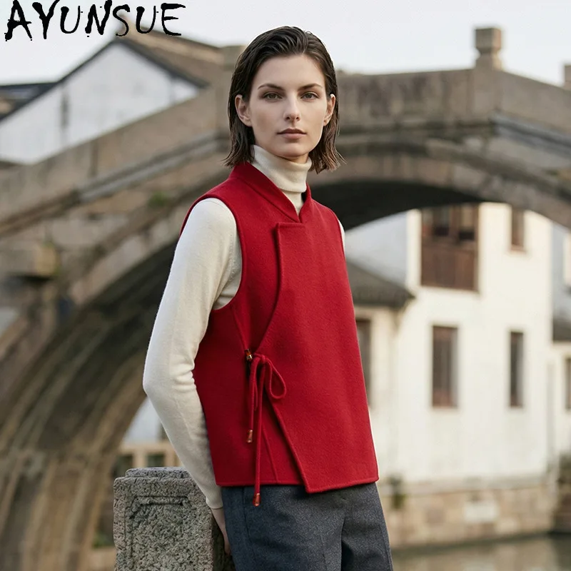 AYUNSUE Women's 100% Wool Vest Chinese Style Stand Collar Sleeveless Tops for Woman Elegant Lace-up Vest Woman Clothes Жилет