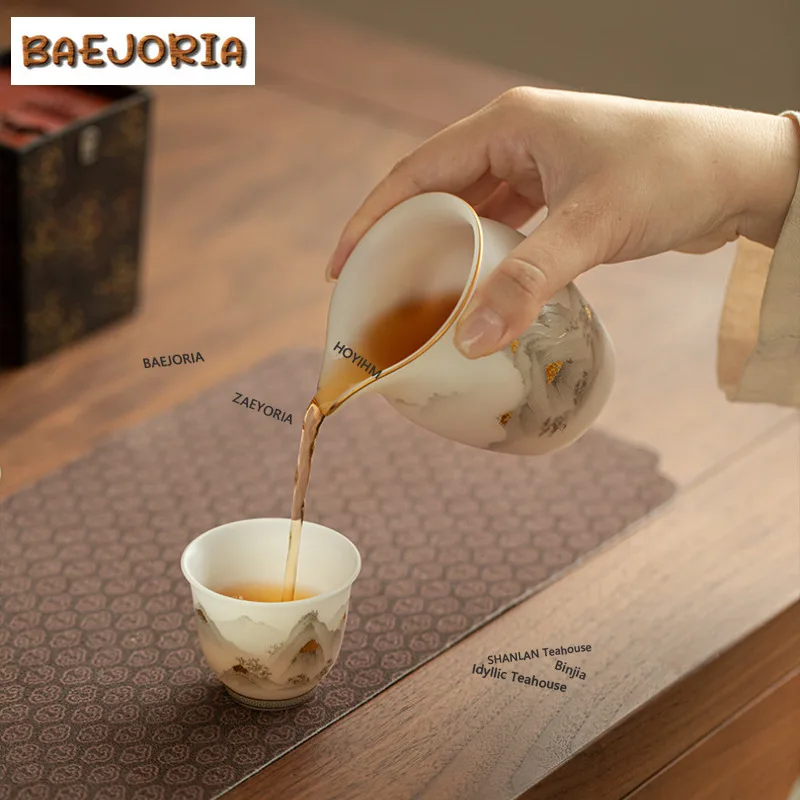 BAEJORIA 225ml Sheep Fat Jade Porcelain Gold Drawing Tea Pitcher Pour Tea Cha Hai Dispenser Justice Cup Fair Mug Cafes Supplies