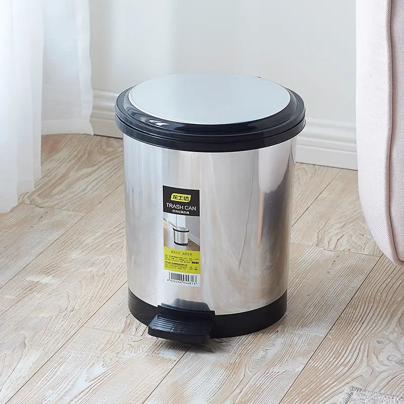 Large Drum Shaped Pedal Bin Imitation Stainless Steel Covered Waste Can for Living Room Household Creative Foot Operated