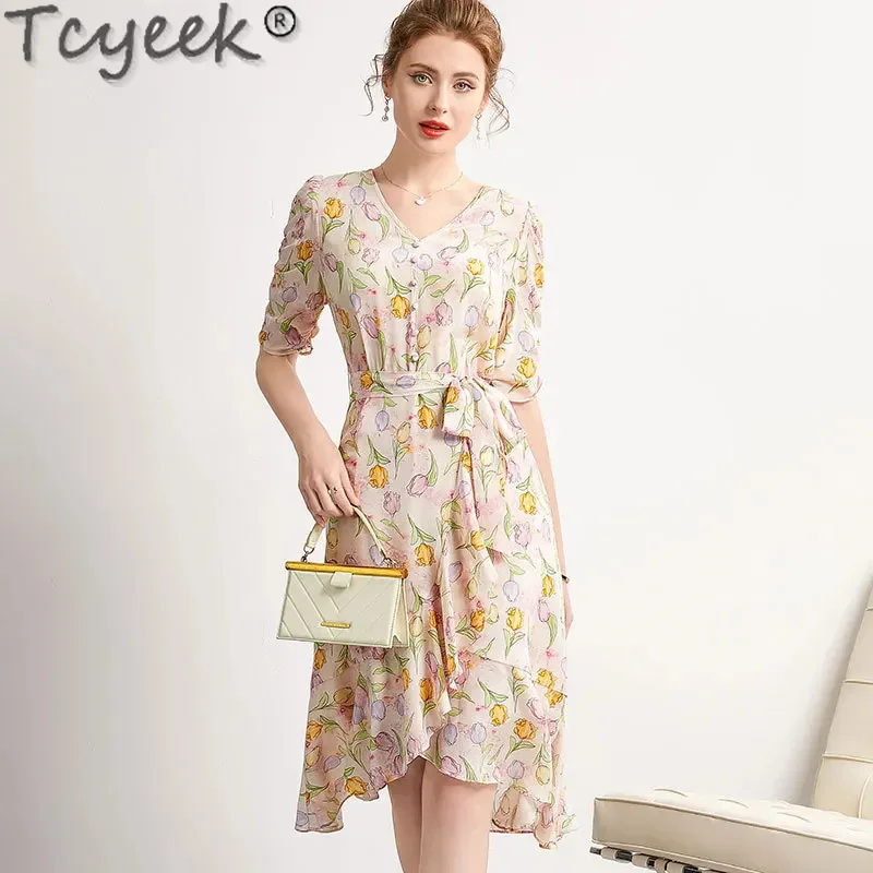 Women Tcyeek 100% Real Mulberry Silk Midi es 2024 Chic and Elegant Woman Dress Printing Spring Summer Clothes Belt