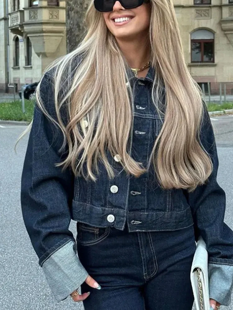 HH 2024 Vintage Women Patchwork Denim Jacket Pant Sets Long Sleeve Cropped Coat+High Waist Wide Leg Pants Streetwear Suit
