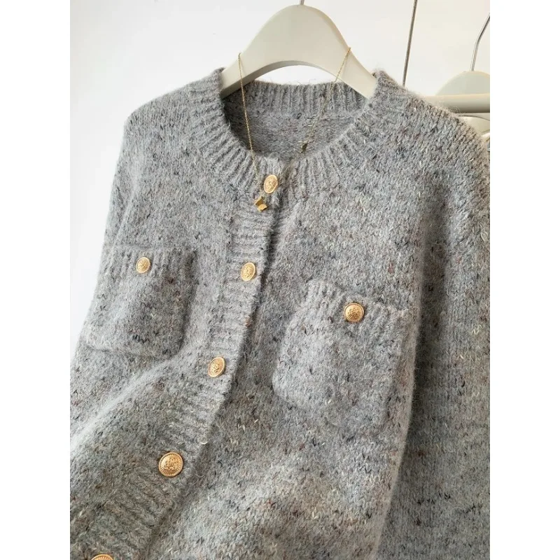 Korea Gold Buttons Grey Women Knit Cardigan Simple O-Neck Long Sleeve Sweater Coat Autumn Winter Office Lady Elegant Knitwear