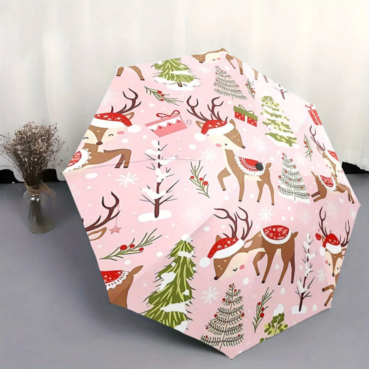 

Automatic Open/Close Umbrella with Santa, Reindeer & Christmas Trees - Pink Holiday Design, Compact Folding Umbrella with 8-Ri