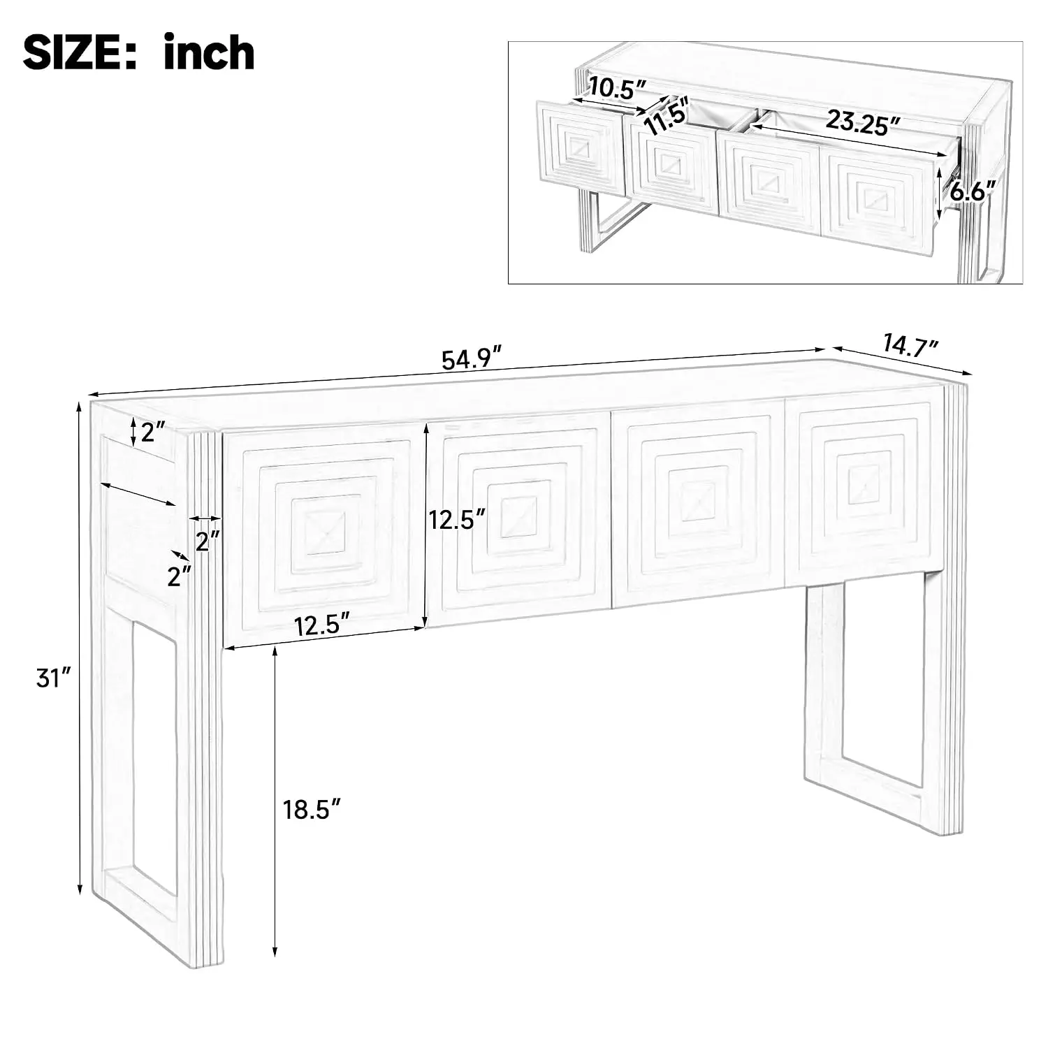 Geometric Carved Console Table 3 Drawers, Farmhouse Sofa Table Storage Fluted Legs Entryway Hallway, Customized