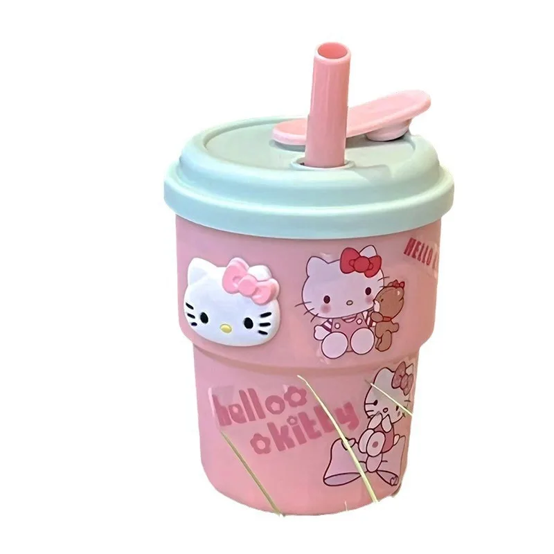 Taza con pajita de Hello Kitty de 420ml, gran capacidad, Color dopamina a juego, trabajador de oficina, nuevo Ins, pegatina bonita, taza de café y leche portátil