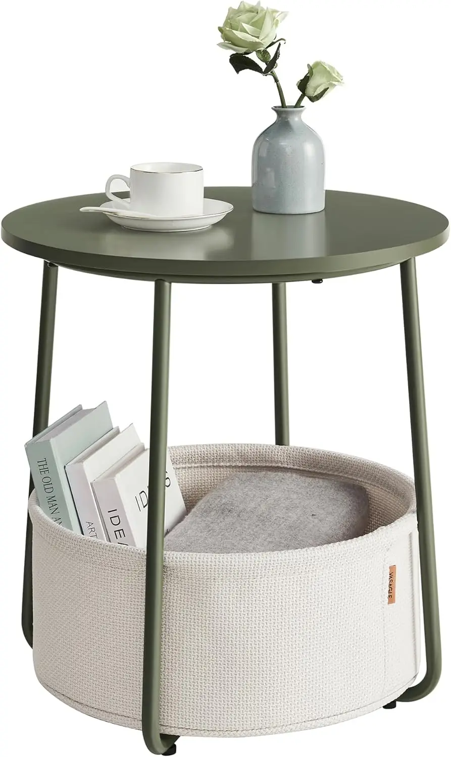 

LILEA Collection - Small Round Side End Table, Modern Nightstand with Fabric Basket, Forest Green and Cream White ULET223C80